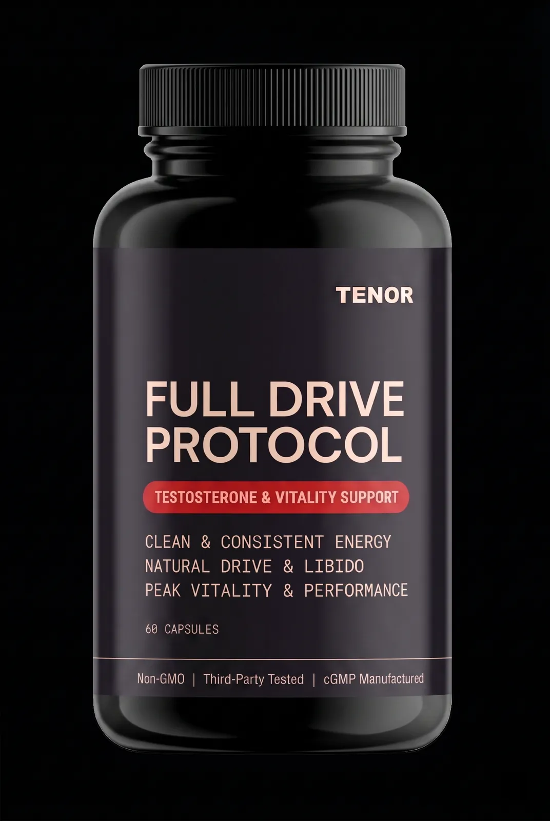 Tenor: Full Drive Protocol bottle — matte black HDPE, Bone label panel, single Blood Red horizontal rule, clean studio product portrait