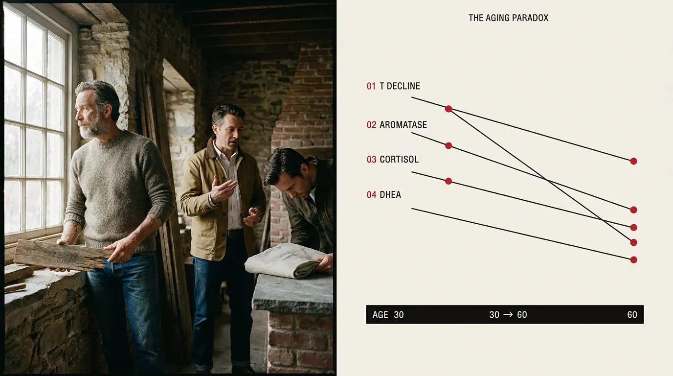 Diagram of the 4-Factor Vanishing Cascade — four levers dropping simultaneously in a man's body after 40