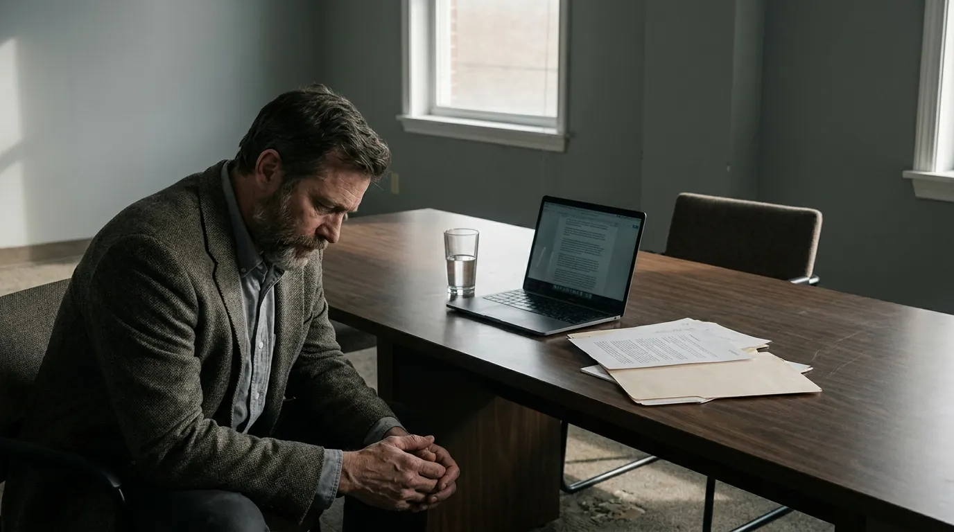 An office conference-room table moments after Dr. Reese paused mid-sentence — the opening scene of the 4-Factor Vanishing Cascade discovery