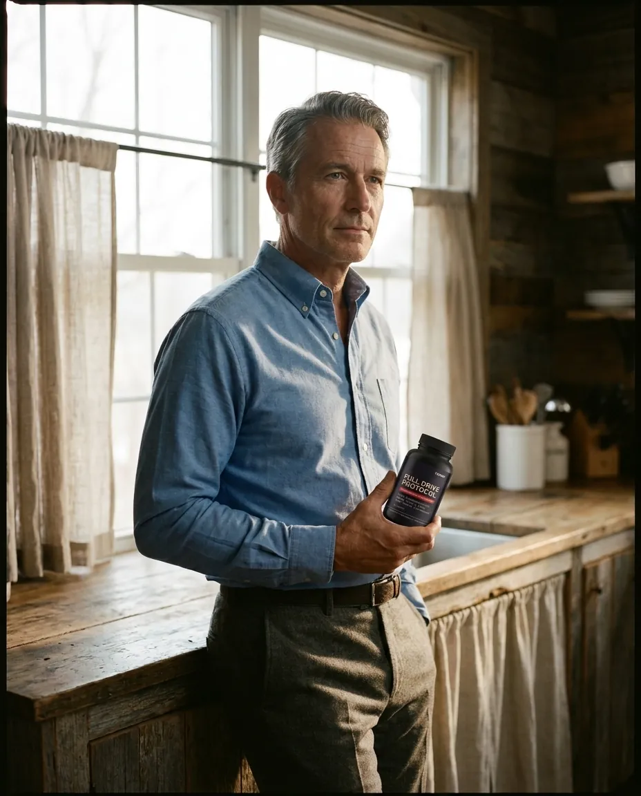 Man in his early 50s holding his Tenor bottle at his kitchen window, looking calm and present