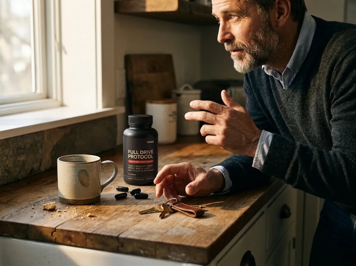 Three Tenor capsules on a wooden kitchen counter next to a coffee mug and the morning light