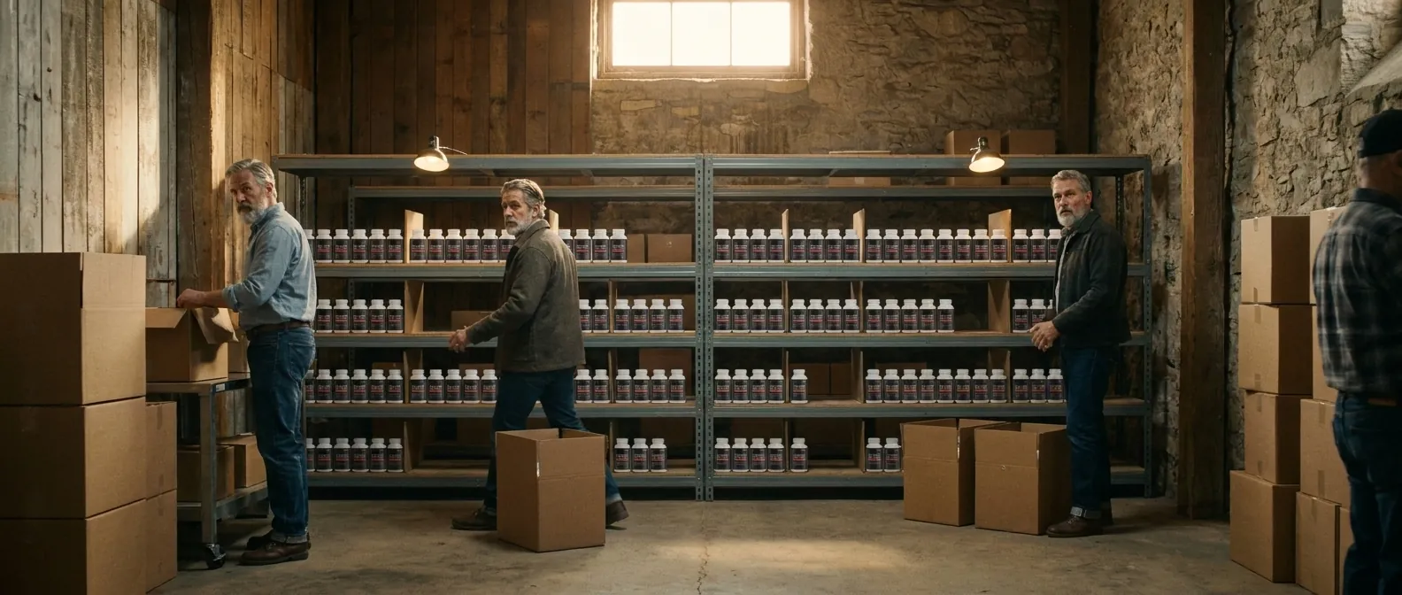 Small-batch warehouse shelving with Tenor bottles showing visible stock gaps