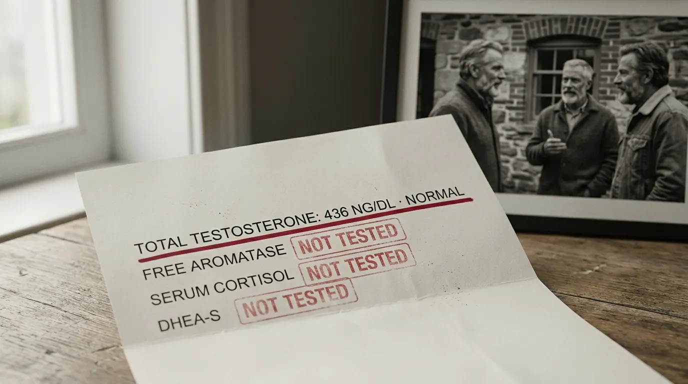 A standard lab report showing only total testosterone — with the three other factors invisible