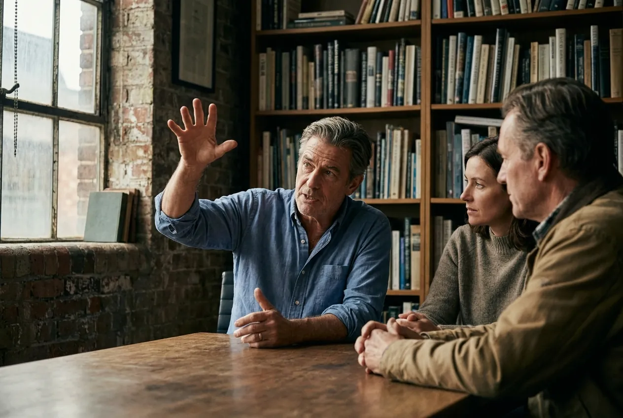 A man 47-53 mid-sentence in a meeting, hands gesturing, thread held — the moment the afternoon wall stops being the wall